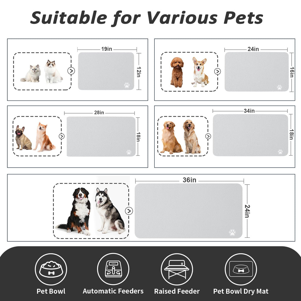 HotLive Dog Food Mat - Absorbent Cat Mat for Food and Water, No Stains Pet Feeding Bowl Mat, Easy to Clean Pet Placemats, Quick Dry Dog Water Dispenser Mat for Messy Drinkers | Paw Light Grey 16"x 24"