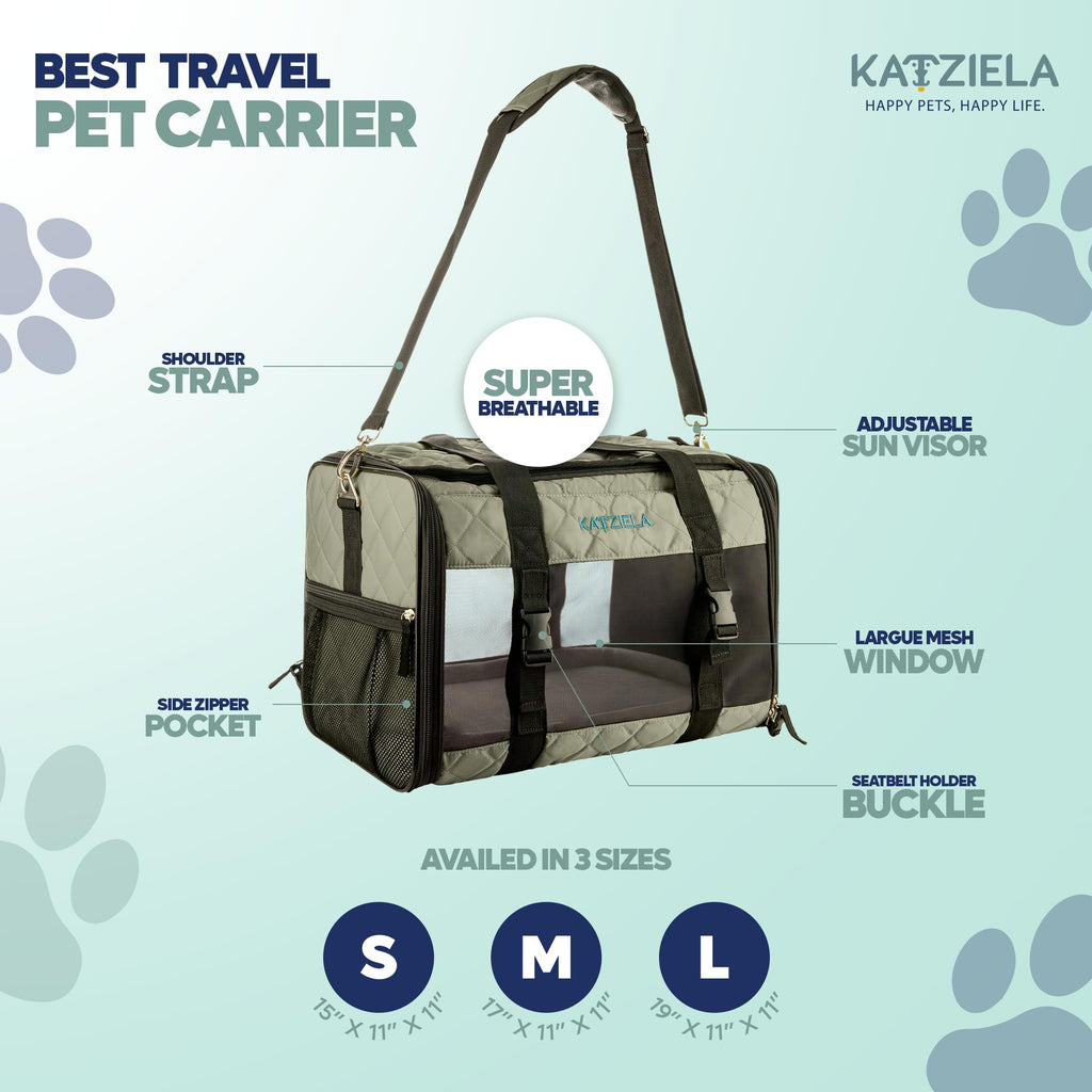 Deluxe Quilted Airline Approved Pet Dog & Cat Carrier for Airplane Travel - by Katziela (Large, Gray)