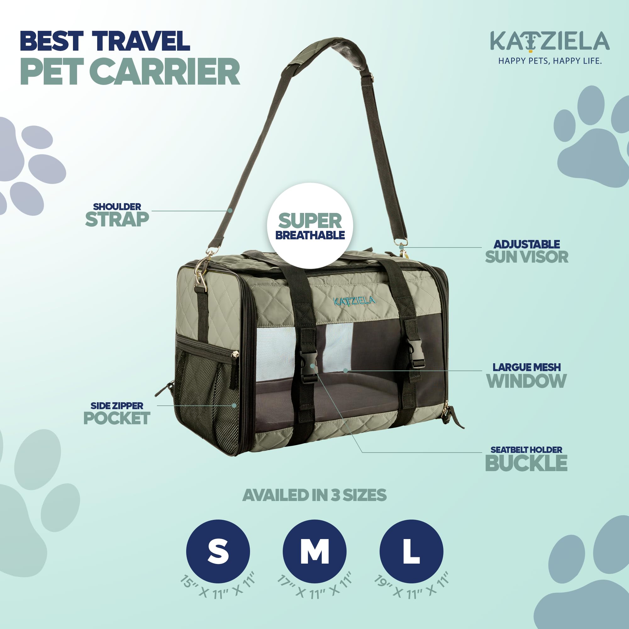 Deluxe Quilted Airline Approved Pet Dog & Cat Carrier for Airplane Travel - by Katziela (Large, Gray)