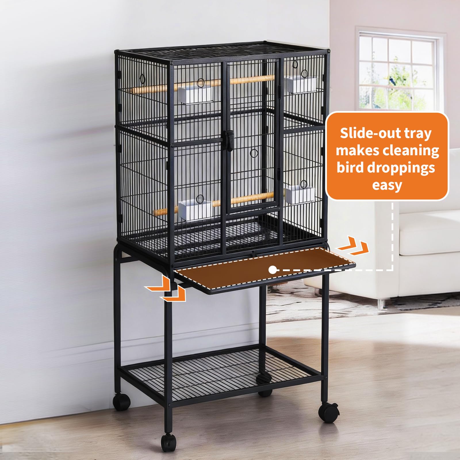 Garvee Large Bird Cage, 54" H Big Bird Cage with Stand for Parakeets Parrots Conures Lovebird Cockatiel Black