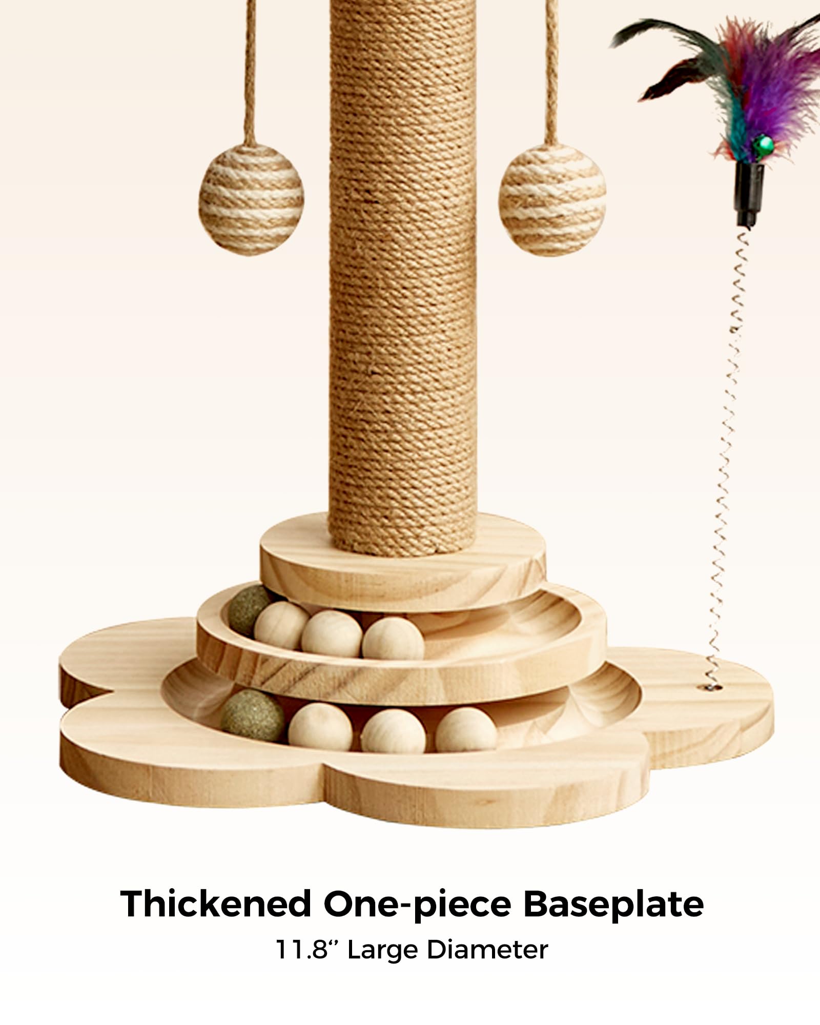 KHALOR Cat Scratching Post for Kittens, 4 in 1 Wooden Cat Scratcher Toy, 17.7" Tall Scratch Post with 2 Level Cat Track Balls, Interactive Feather Toy and 2 Sisal Hanging Balls for Indoor Kittens