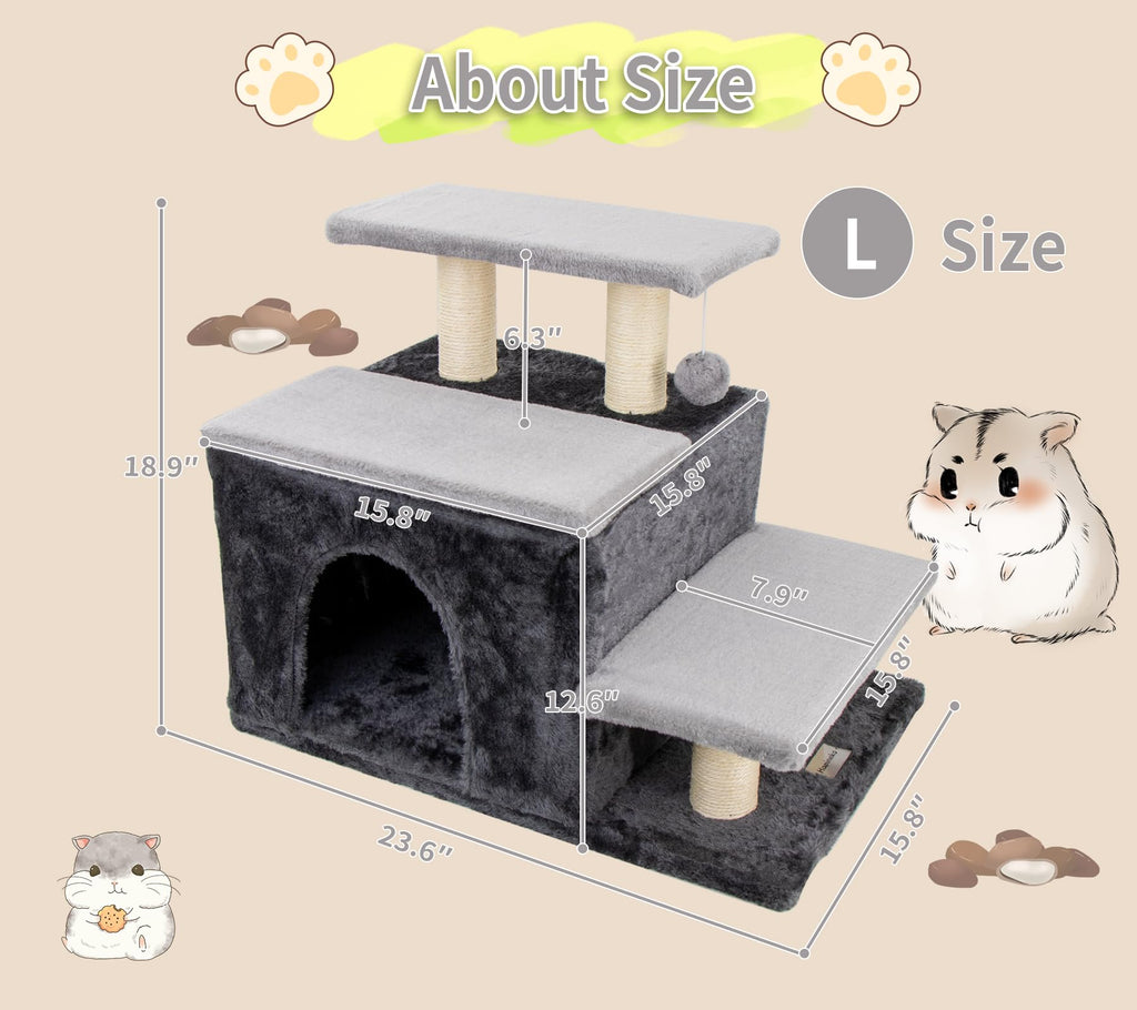 3-in-1 Pet Stairs for Cats for High Bed, Adjustable Dog Steps, Modular 3-Tier, Cushioned Steps & Big Cat Condo, Adjustable Entrance, Dangling Ball, for Kittens, Senior & Fat Cats (Grey, Large)