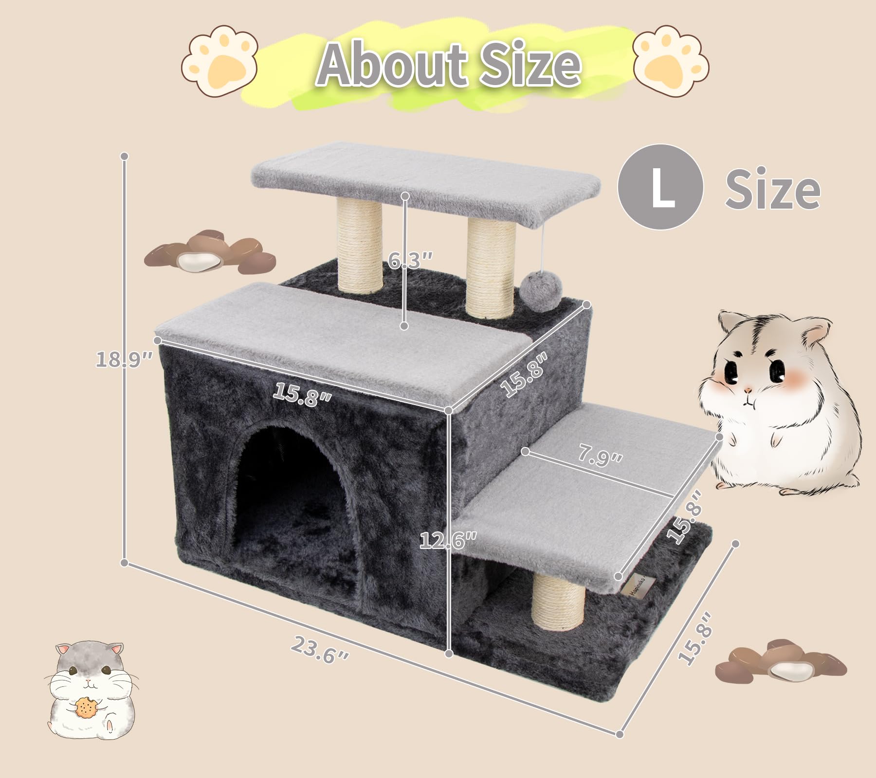 3-in-1 Pet Stairs for Cats for High Bed, Adjustable Dog Steps, Modular 3-Tier, Cushioned Steps & Big Cat Condo, Adjustable Entrance, Dangling Ball, for Kittens, Senior & Fat Cats (Grey, Large)