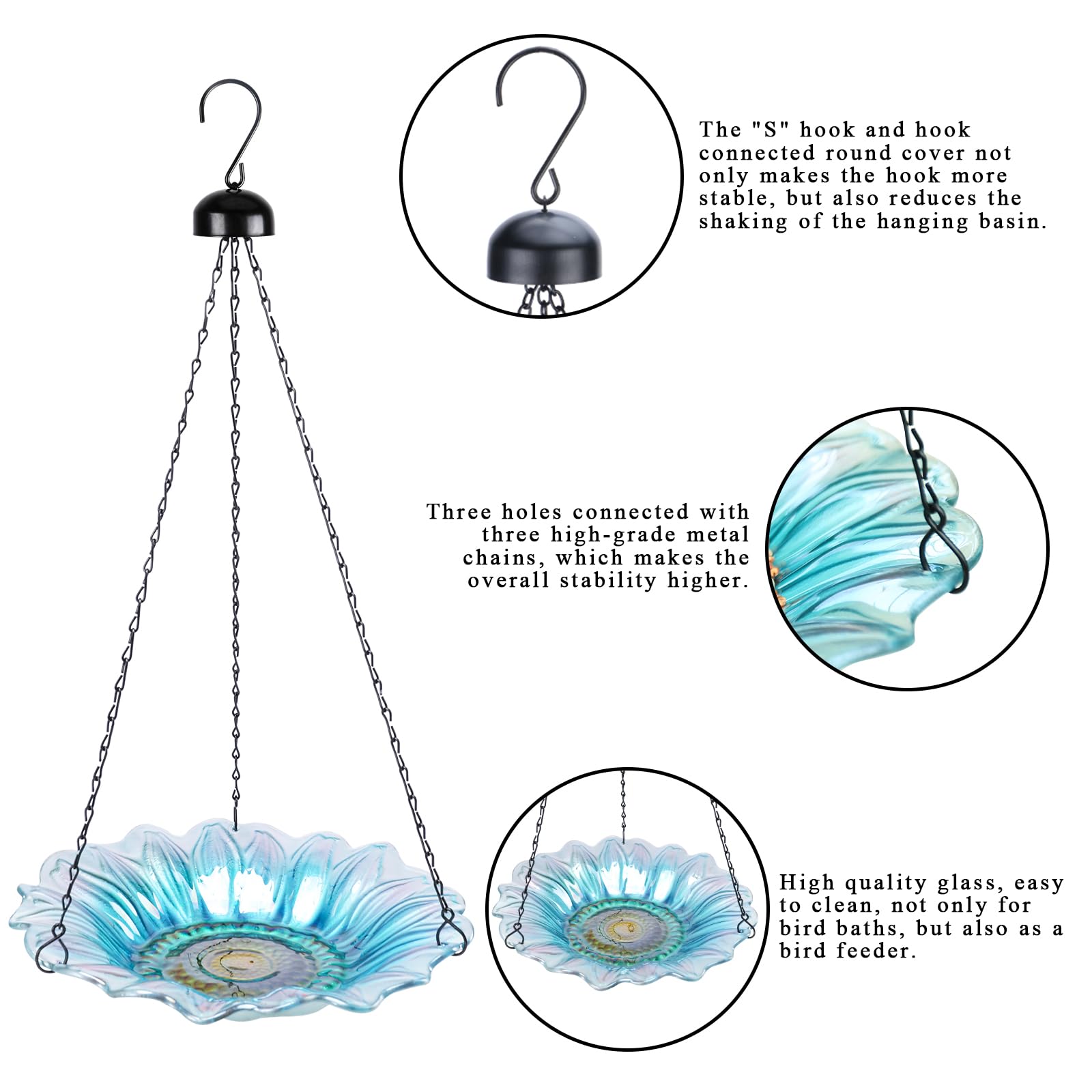 VCUTEKA Hanging Bird Bath Outdoor Glass Birdbaths Feeder for Garden Decor