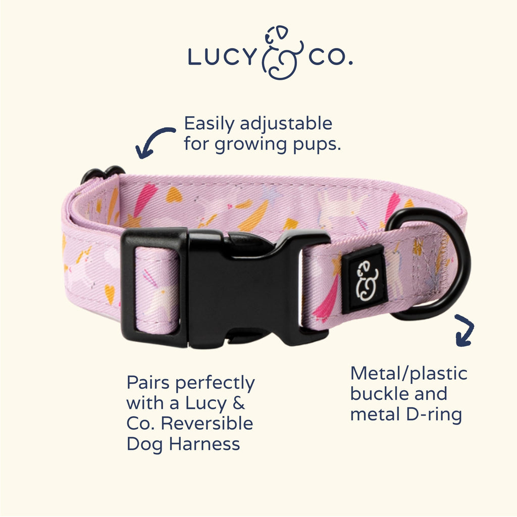 Lucy & Co. Unicorn Magic Dog Collar - Durable Lightweight Designer Collar for Pets - Adjustable Metal Safety Buckle (Medium, Purple & Pink Unicorns)