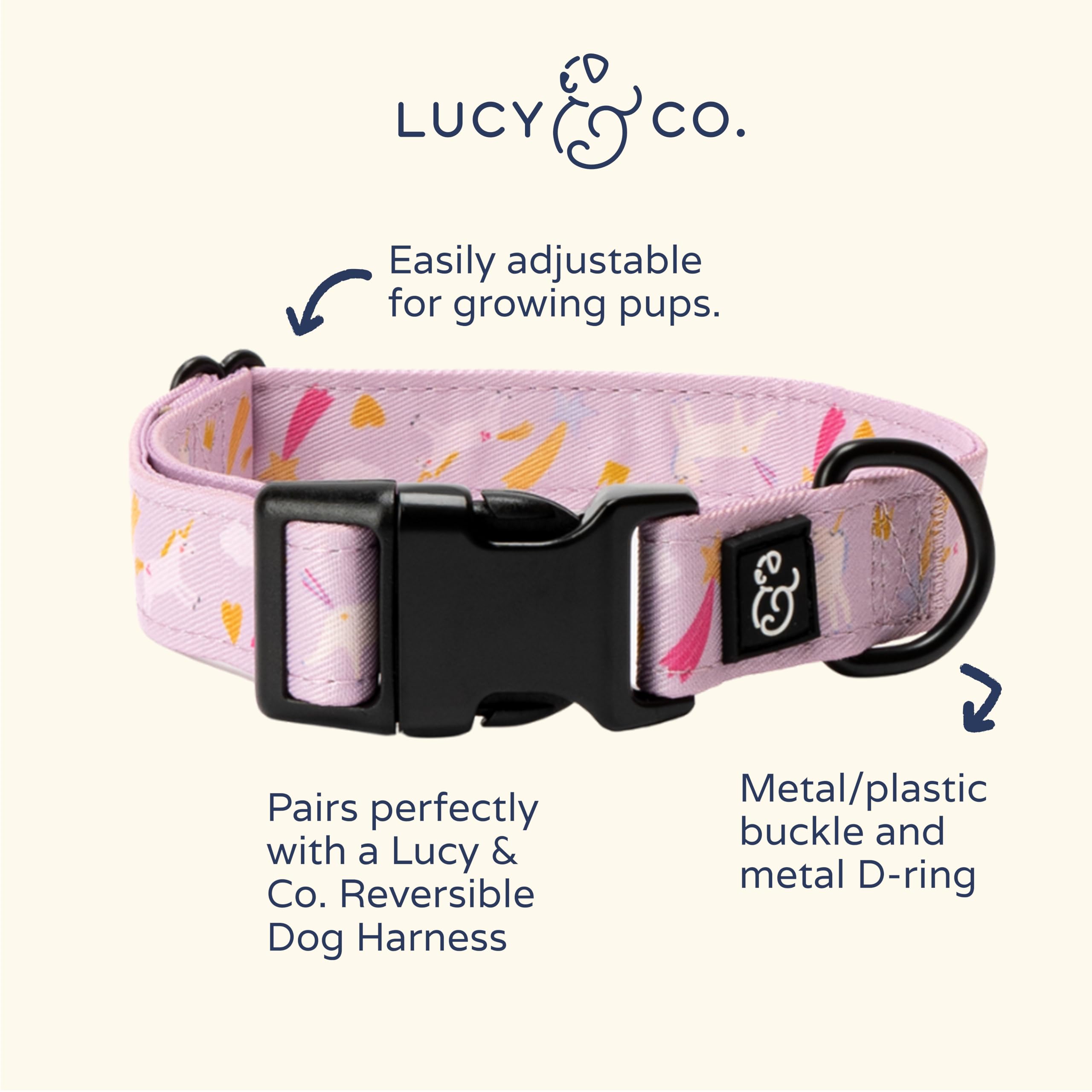 Lucy & Co. Unicorn Magic Dog Collar - Durable Lightweight Designer Collar for Pets - Adjustable Metal Safety Buckle (Medium, Purple & Pink Unicorns)