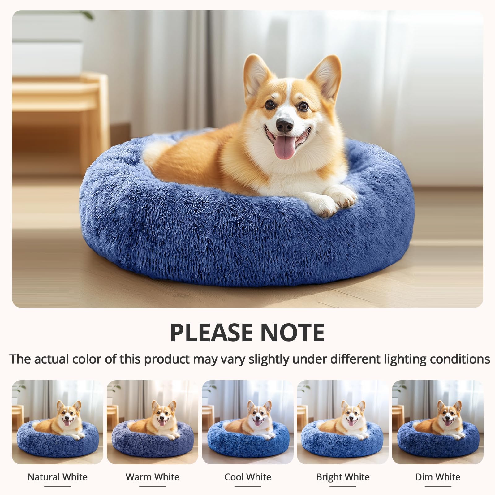 JOLLYVOGUE Calming Small Dog & Cat Bed for Indoor Cats - 20 inches Washable Donut Bed for Kittens & Puppies, Anti-Anxiety Round Fluffy Plush Pet Beds (Fits up to 15 lbs, Navy Blue)