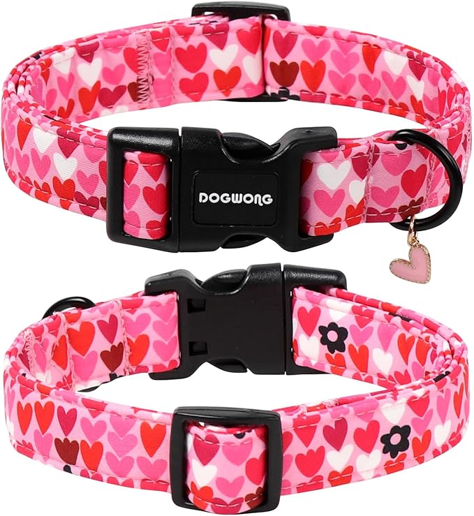 DOGWONG Valentine Dog Collar, Pink Heart Dog Collar, Girl Female Dog Collars with Strong Plastic Buckle for Small Medium Dogs,M