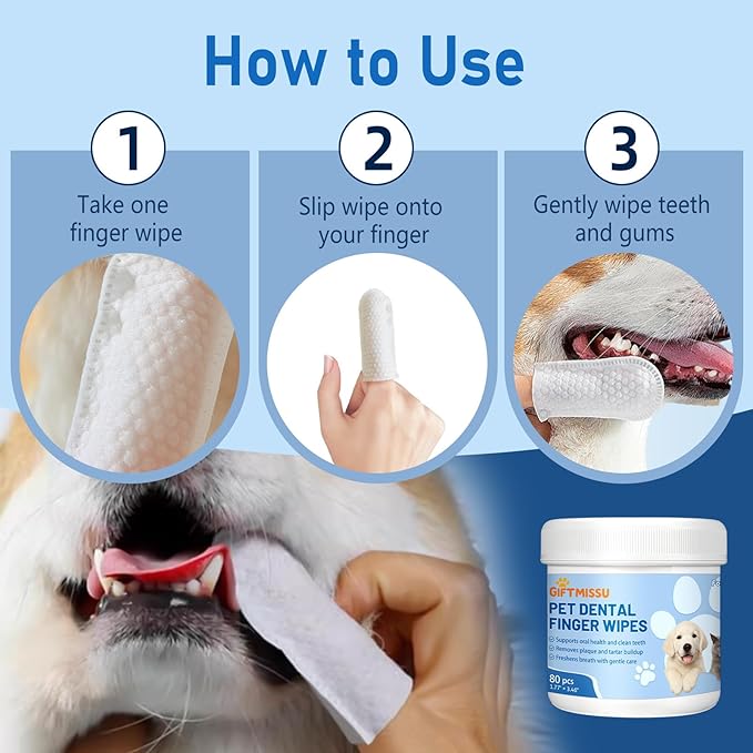 GIFTMISSU 80 Counts Pet Dental Finger Wipes for Dogs and Cats - Disposable Dog Teeth Cleaning Wipes for No-Rinse Daily Oral Care, Pet Tooth Cleaning Wipes