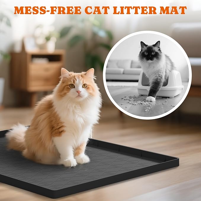 Pawtners Silicone Cat Litter Mat 34 x 22 in, Easy to Clean, Black, 2 Pack