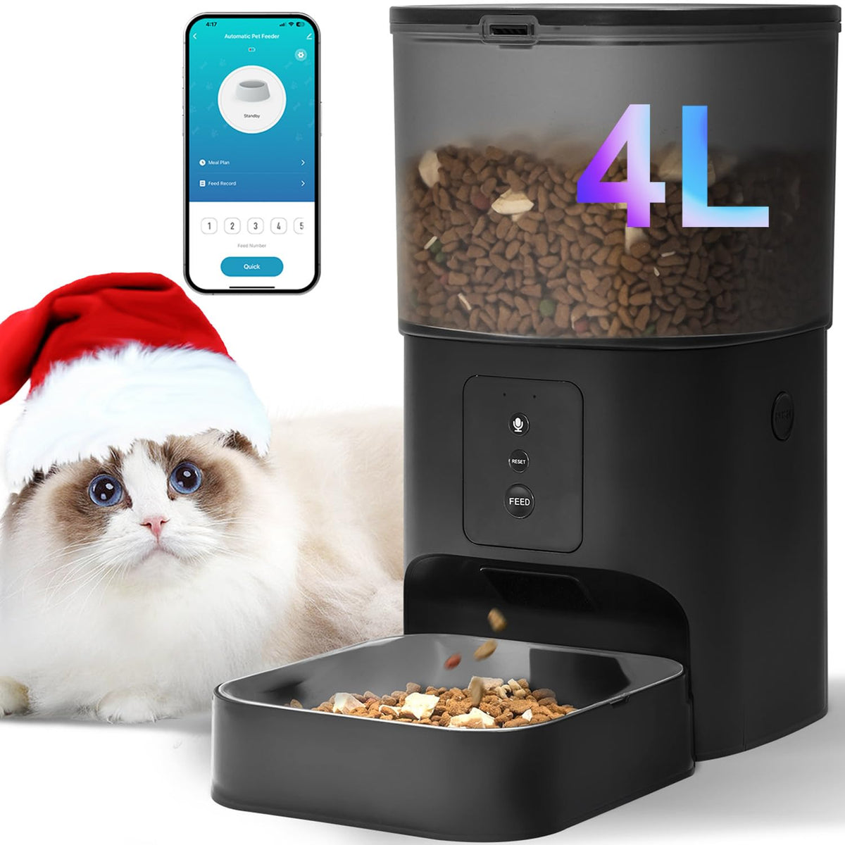 ANDOLL HOME 2.4G Automatic Cat Feeder, 4L WiFi Food Dispenser with 10s Voice Recorder, Pet Feeder up to 10 Meals per Day, Timed Cat Feeder with Dry Food Sealed Ring