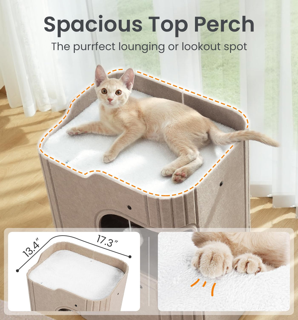 Made4Pets Cat House for Indoor Use, 2-Storey Cube Bed Cave, Covered Hideaway Condo with Scratch-Resistant Felt, Foldable Easy-to-Clean Design for Multi-Cat Homes, Beige