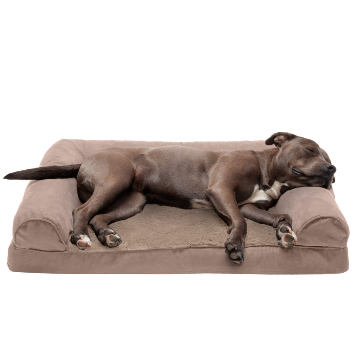 Furhaven Orthopedic Dog Bed for Large Dogs w/ Removable Bolsters & Washable Cover, For Dogs Up to 95 lbs - Plush & Suede Sofa - Almondine, Jumbo/XL