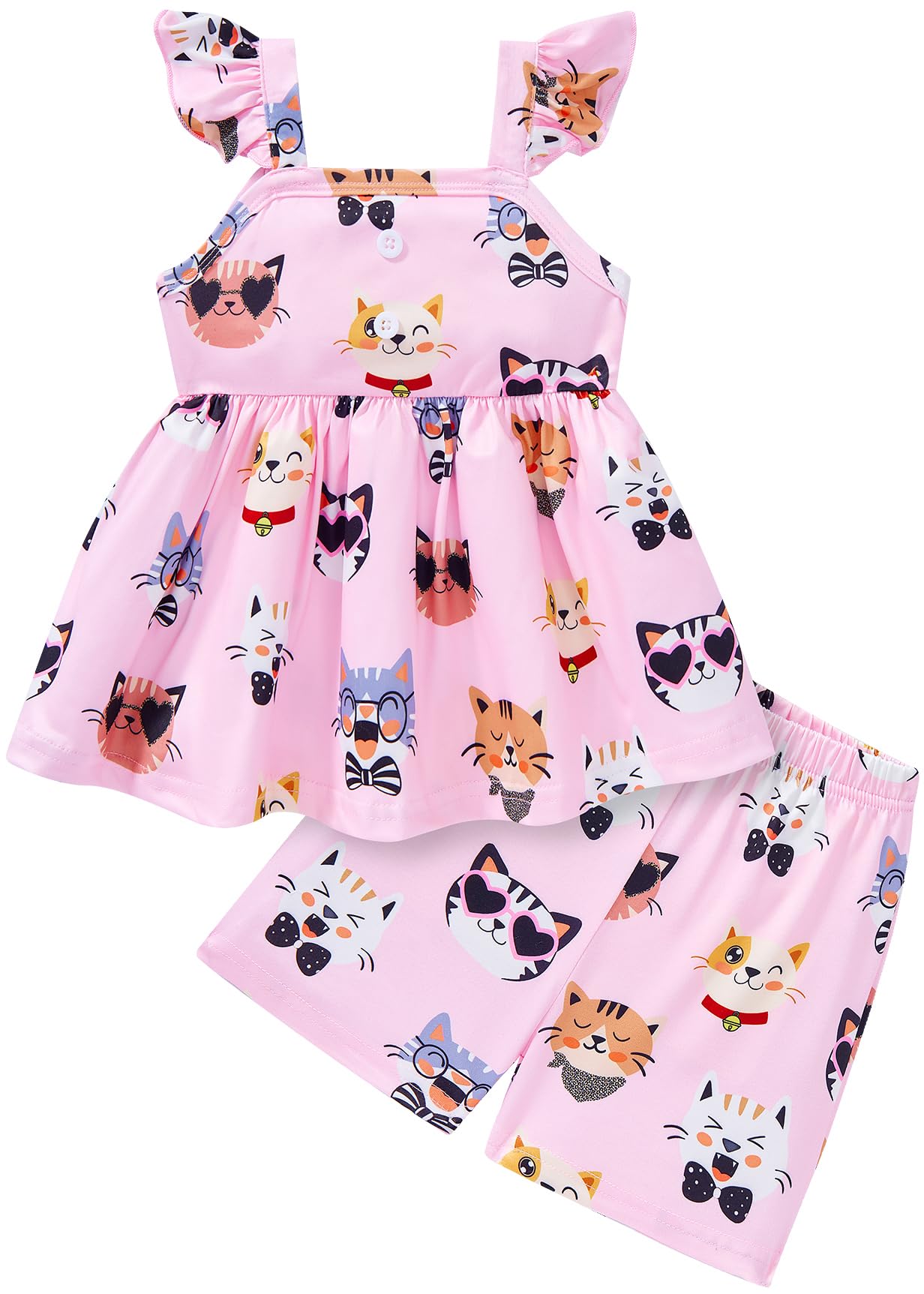 Popshion Girls Summer 2 Piece Outfit Toddler Girl Cat Clothes Cat Ruffle SleeveShirt Top + Shorts Kitten Short Set Cute Baby Girls Clothing Set Size 4t/2234