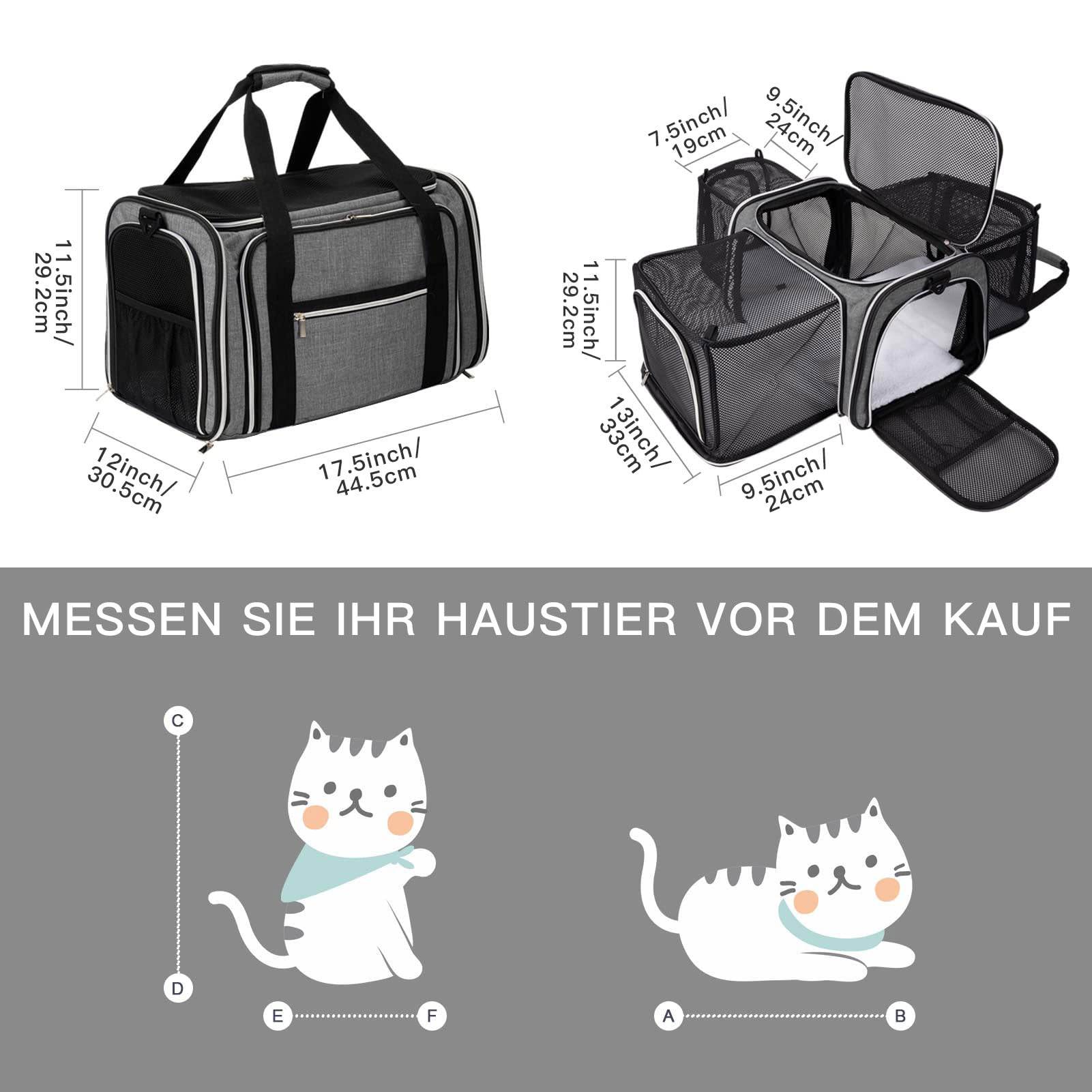 BAGLHER Cat Carrier Bag,Airline Approved Pet Carrier Soft Side Pet Travel 5 Sides Open Doors 3 Sides Expandable Foldable Dog Carrier with Fleece Pad