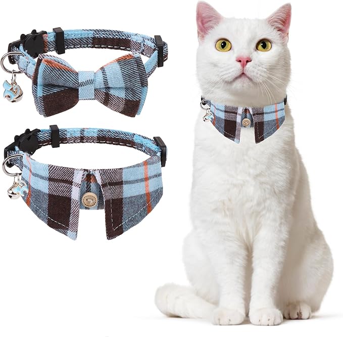 DILLYBUD Cotton Cat Collar Breakaway, Cat Bowtie Collars with Bell