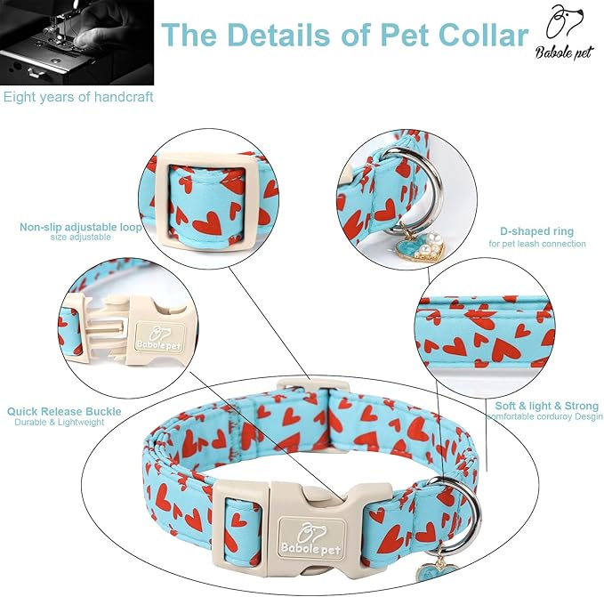 Babole Pet Valentines Dog Collar for Large Dogs - Cute Valentine Blue Dog Collars, Adjustable Puppy Red Hearts Collar with Quick Release Buckle for Boys&Girls Dogs L