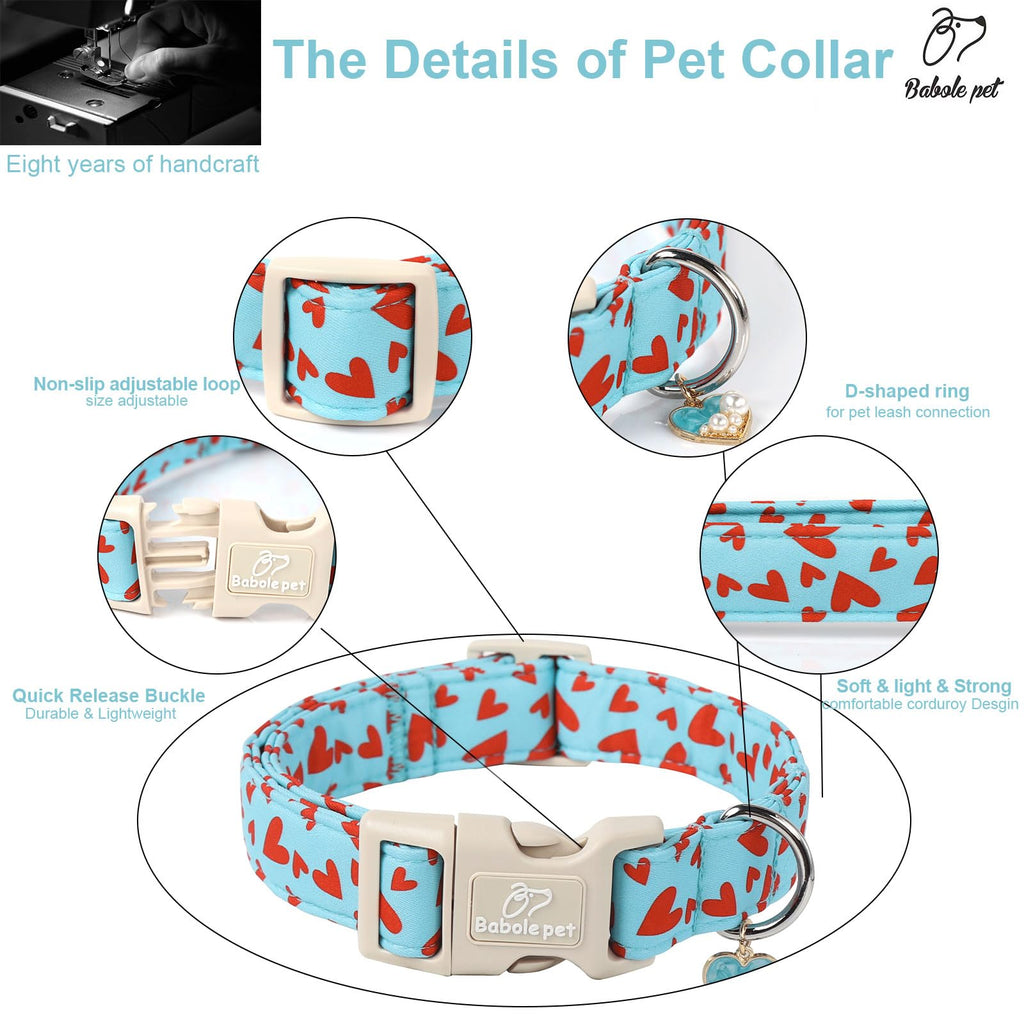 Babole Pet Valentines Dog Collar for Small Dogs - Cute Valentine Blue Dog Collars, Adjustable Puppy Red Hearts Collar with Quick Release Buckle for Boys&Girls Dogs S