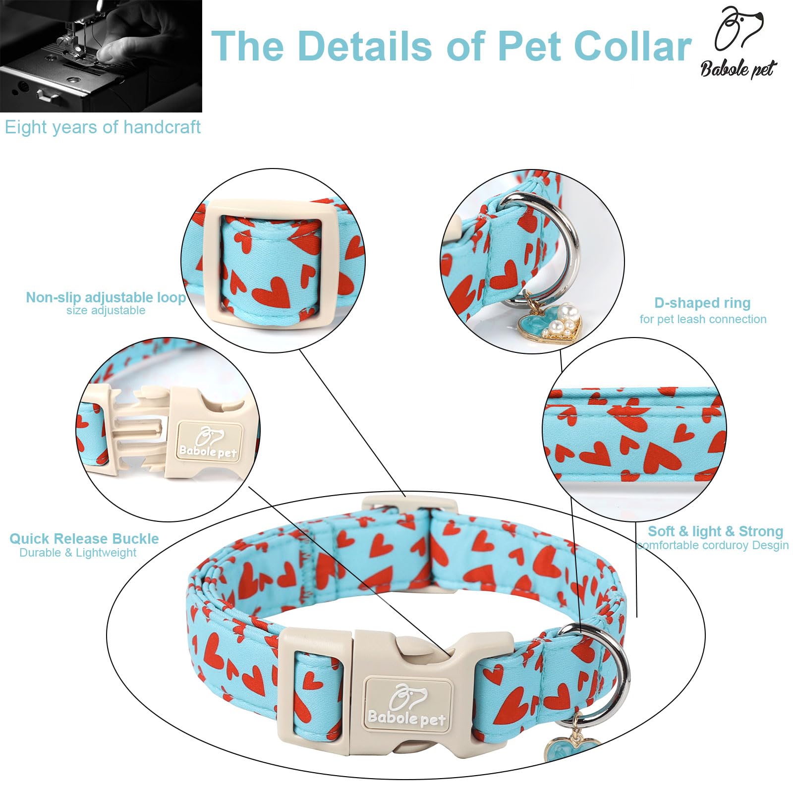 Babole Pet Valentines Dog Collar for Small Dogs - Cute Valentine Blue Dog Collars, Adjustable Puppy Red Hearts Collar with Quick Release Buckle for Boys&Girls Dogs S