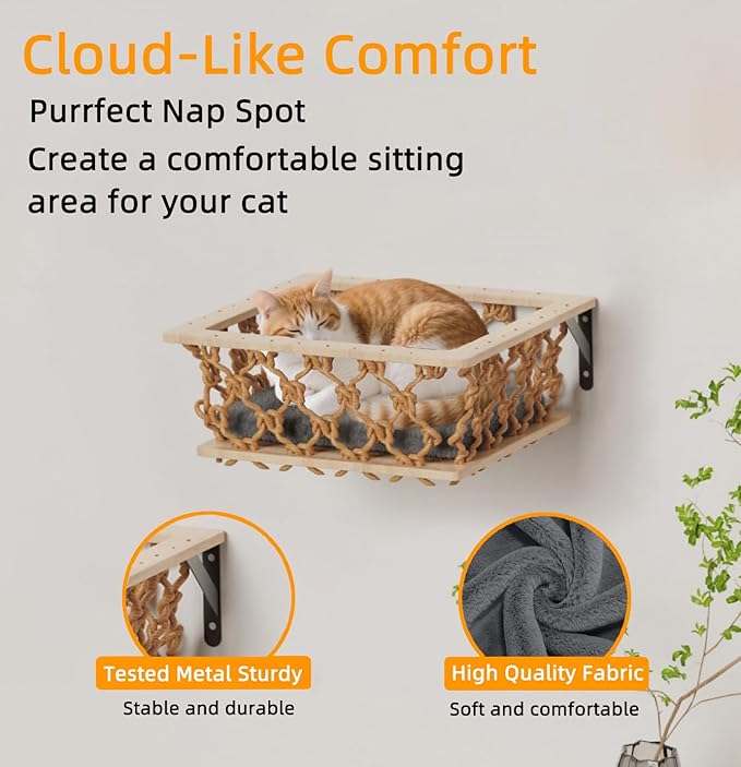HHOFURN 5-in-1 Cat Wall Shelves Set with Hammock, Wall-Mounted Cat Furniture Includes Condo, Bridge, Ladder & Steps for Indoor Cats, Safe & Stable (Gray)