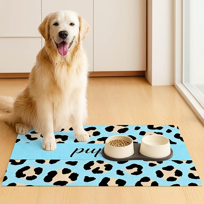 HOMETITUTE Puppy Feeding Mat Blue Leopard Print Meal Pad 20 x 12 Inch