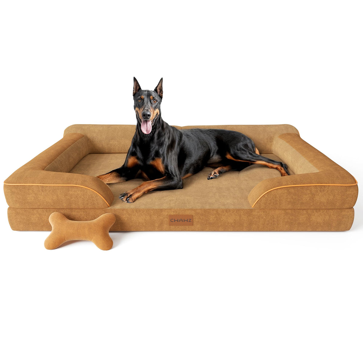CWAWZ Extra Large Dog Bed, Orthopedic Dog Beds with Cooling Gel Memory Foam, Waterproof XL Pet Bed with Removable Washable Cover, 42" Pet Sofa Couch Dutch Velvet with Bone Toy, Brown