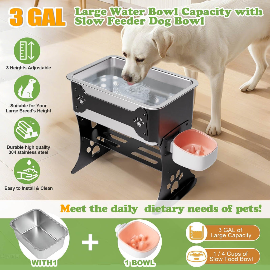 JDCQKHA 3 Gallon Elevated Dog Bowl Large Breed Raised Dog Water Bowl Stand,3 Height Adjustable Stainless Steel Pet Feeder Station with Anti-Slip Mat,Black Pet Bowl for Relief Joint Pressure,Easy Clean
