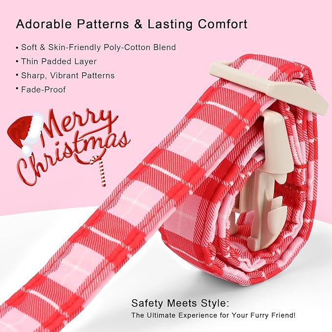 Plaid Dog Collar - Cute Red and Pink Plaid Puppy Collar with Safety Buckle, Soft Adjustable Holiday Dog Collars for Small Medium Large Dogs M
