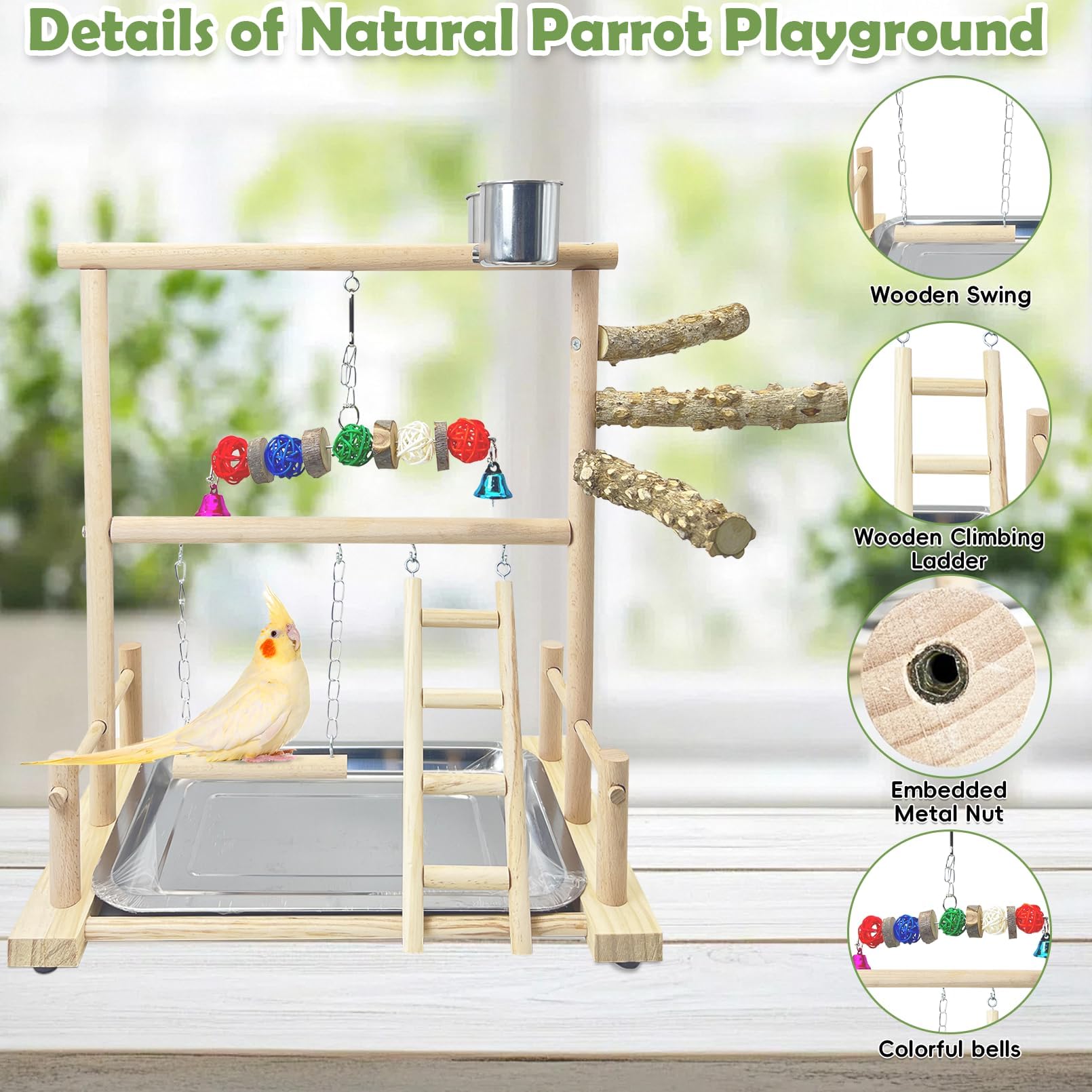 kathson Bird Playground Parrot Perch Stand Toys, Birds Wood Play Gym Activity Center Exercise Playpen Ladder Swing with Feeder Cups Chewing Toy(Include a Tray)