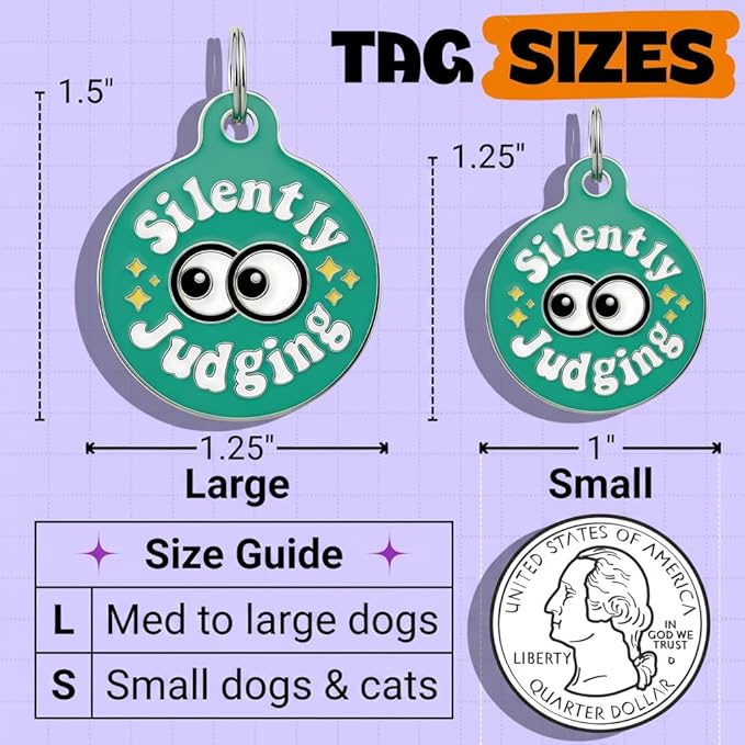 Bad Tags Personalized Dog and Cat ID Tags in 25+ Designs and 2 Sizes - 5 Lines of Custom Engraved Text - Funny Cute Personalized Pet Tags (Silently Judging - Green, Large (1.25 inch))