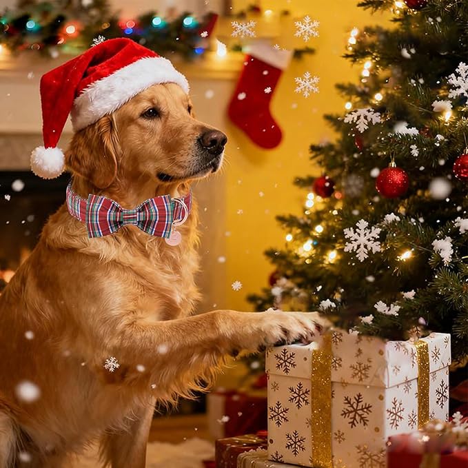 UP URARA PUP Christmas Plaid Dog Collar with Bow, Red and Blue Check Adjustable Pet Collar with Quick Release, Christmas Stripes Bowtie Collar for Small Medium Large Dogs XS