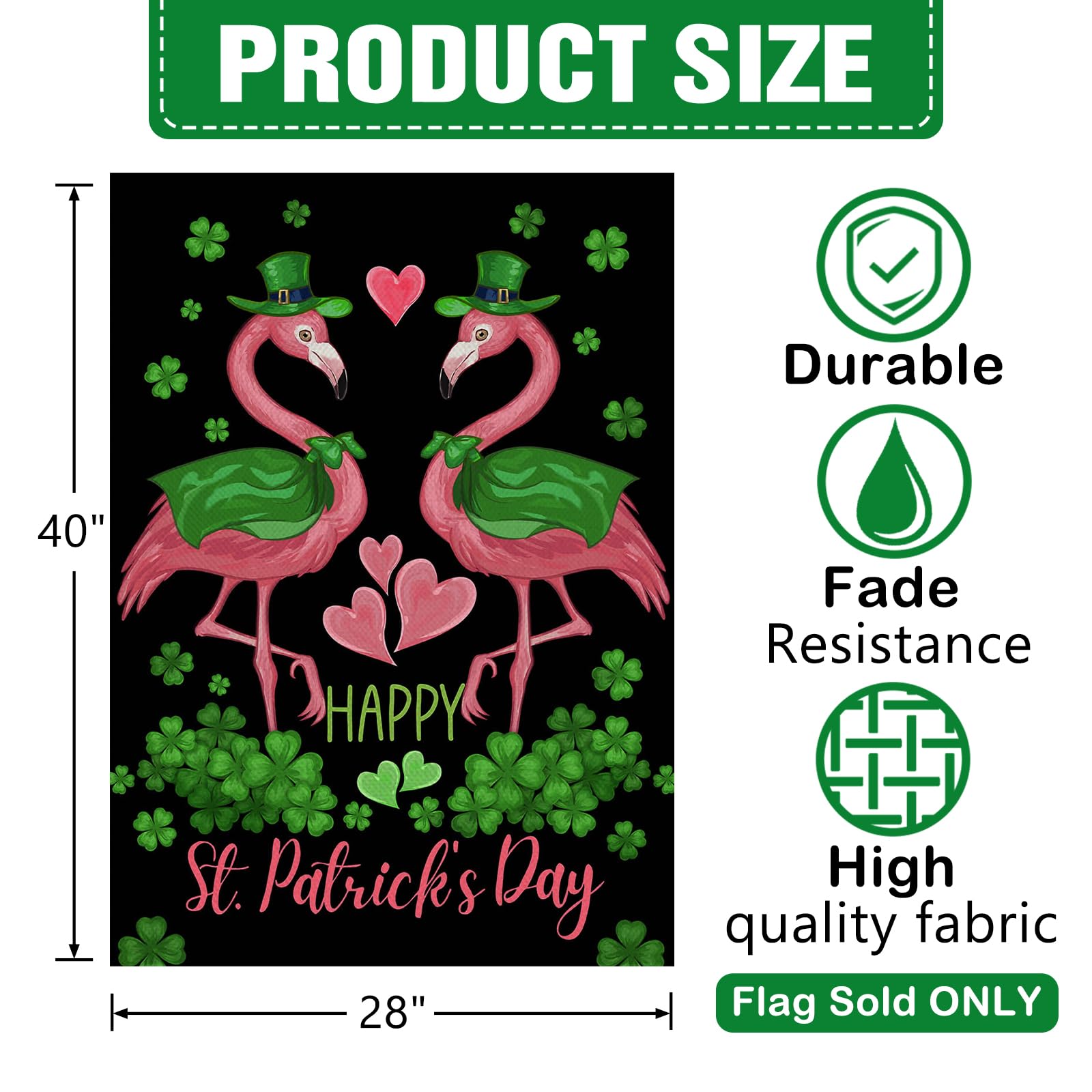 Dyrenson Happy St Patricks Day Flamingo 28 x 40 House Flag Double Sided