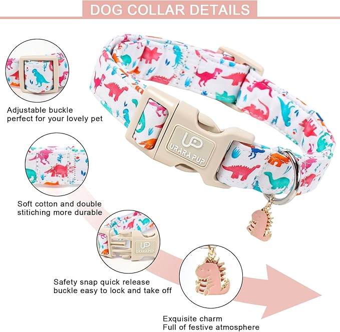 UP URARA PUP Summer Dog Collar, Adorable Dinosaur Cotton Dog Collar with Quick Release, Gift Dino Collars for Small Medium Large Boys Dogs Cute Durable Comfortable Pet Collars
