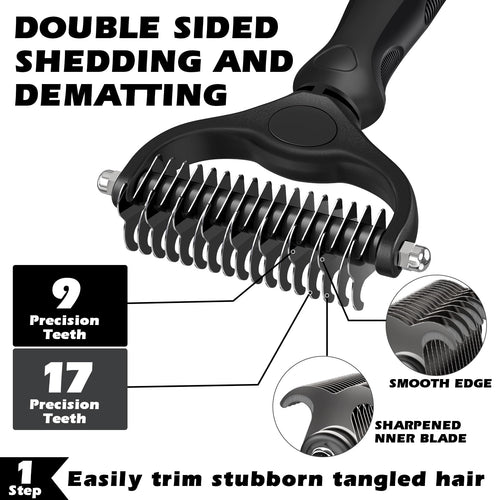 3PCS Self Cleaning Slicker Brush & Pet Grooming Rake & Flea Comb for Dogs,Cats and Horses | Double-Sided Dematting Comb & Skin Friendly Deshedding Grooming Tool | Premium Pet Supplies (Black)