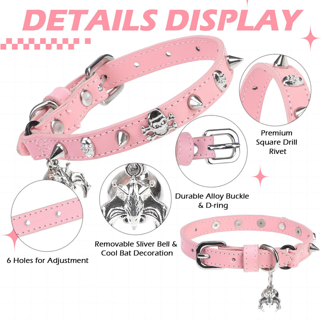 EXPAWLORER Leather Cat Collar for Girl Boy Cats,Pink(Rivet & Skull)