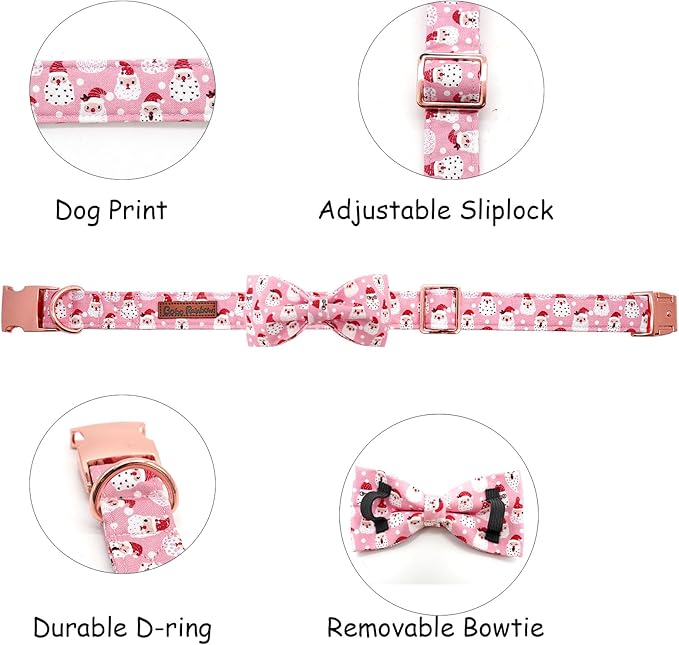 Bobo Rainbow Dog Collar, Christmas Pink Santa Claus Cotton Pet Collar Bow Holiday Girl Boy Cute Puppy Collar Adjustable Pet Collar for Medium Dogs