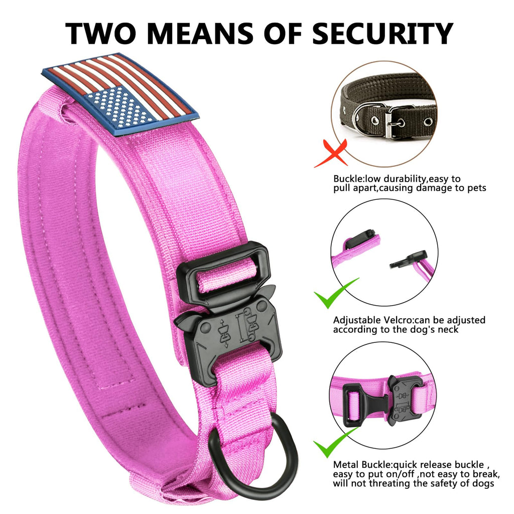 DAGANXI Tactical Dog Collar, Adjustable Military Training Nylon Dog Collar with Control Handle and Heavy Metal Buckle for Medium and Large Dogs, with Patches and Airtags Case (L, Pink)