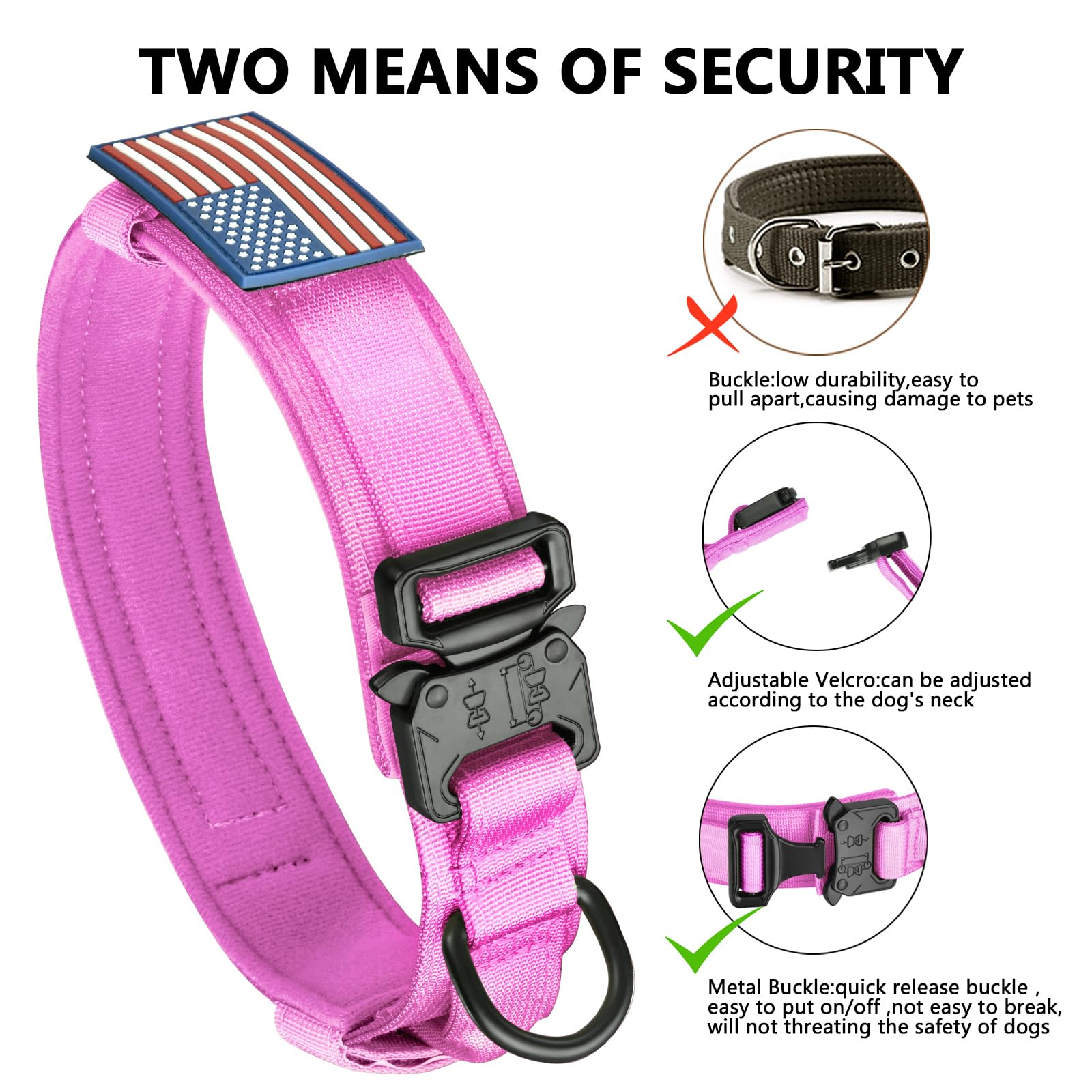 DAGANXI Tactical Dog Collar, Adjustable Military Training Nylon Dog Collar with Control Handle and Heavy Metal Buckle for Medium and Large Dogs, with Patches and Airtags Case (XL, Pink)