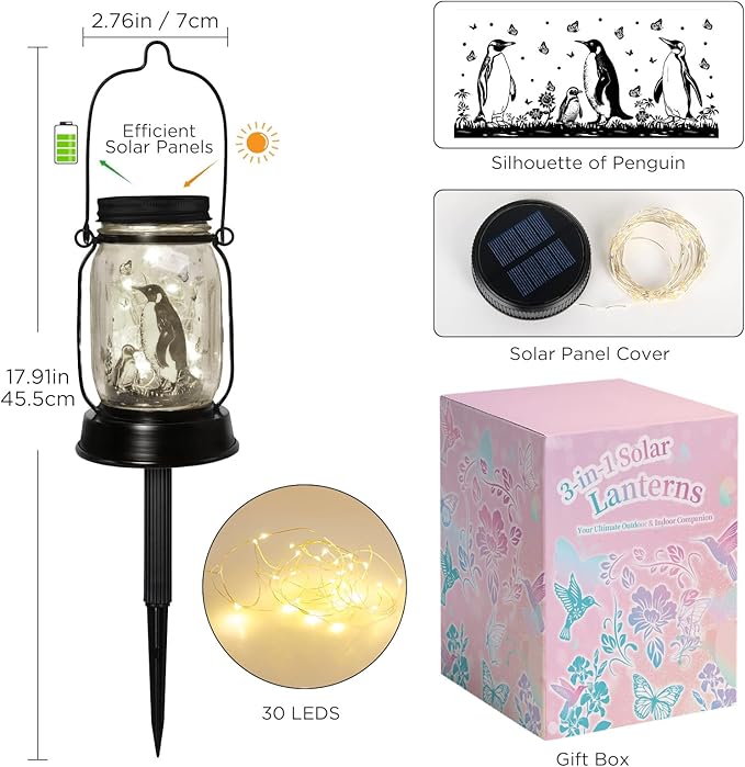 Penguin Gifts for Women/Men Penguin Solar Lanterns Mom Birthday Animal Lovers Lantern Animal Memorial Lights Solar Garden Decoration for Yard, Patio,Backyard,Porch Torches
