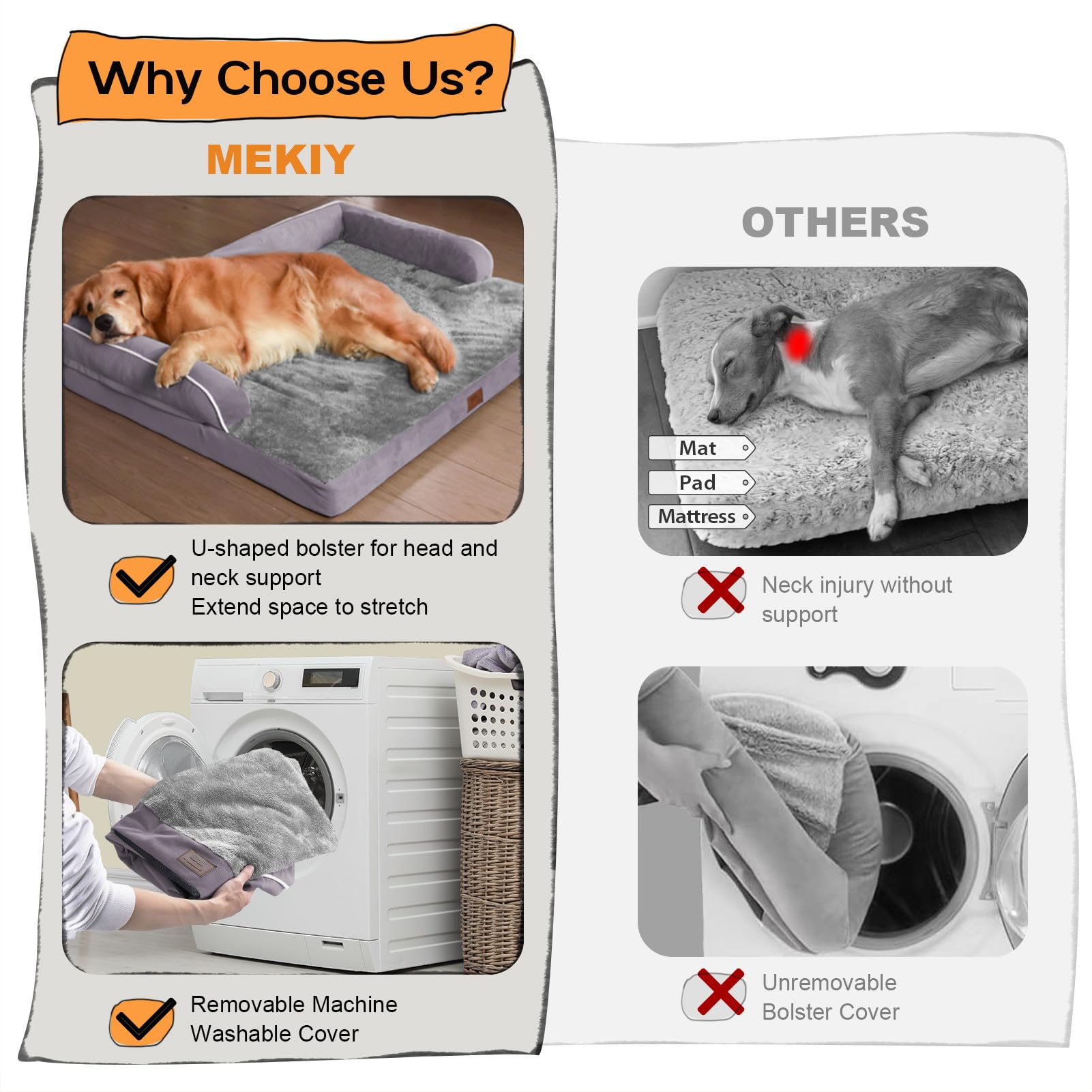 MEKIY Orthopedic Waterproof Dog Bed with Bolster for Extra Large Size Dogs