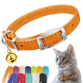 Soft Leather Cat Collar with Safety Elastic Strap - Orange