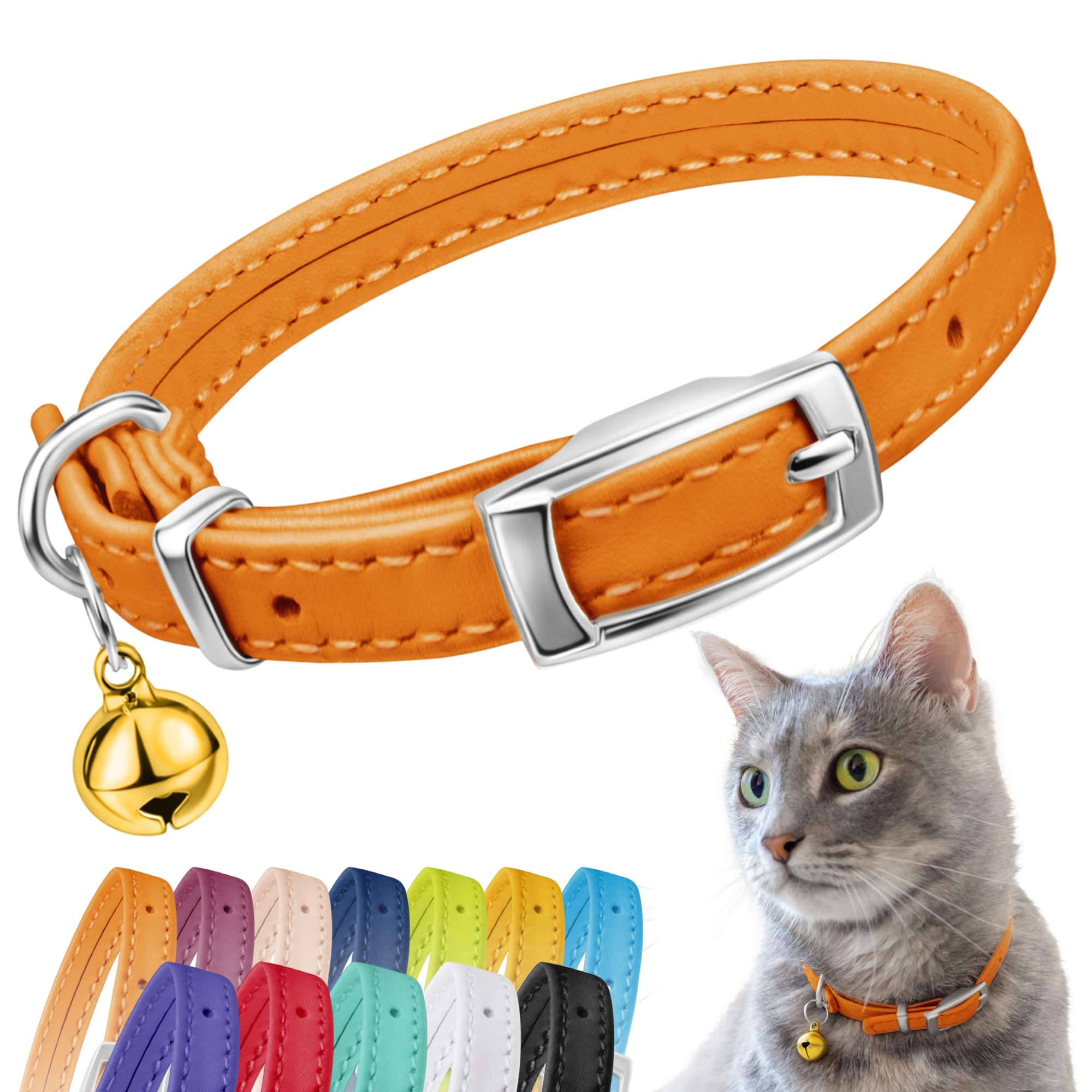 Soft Leather Cat Collar with Safety Elastic Strap - Orange