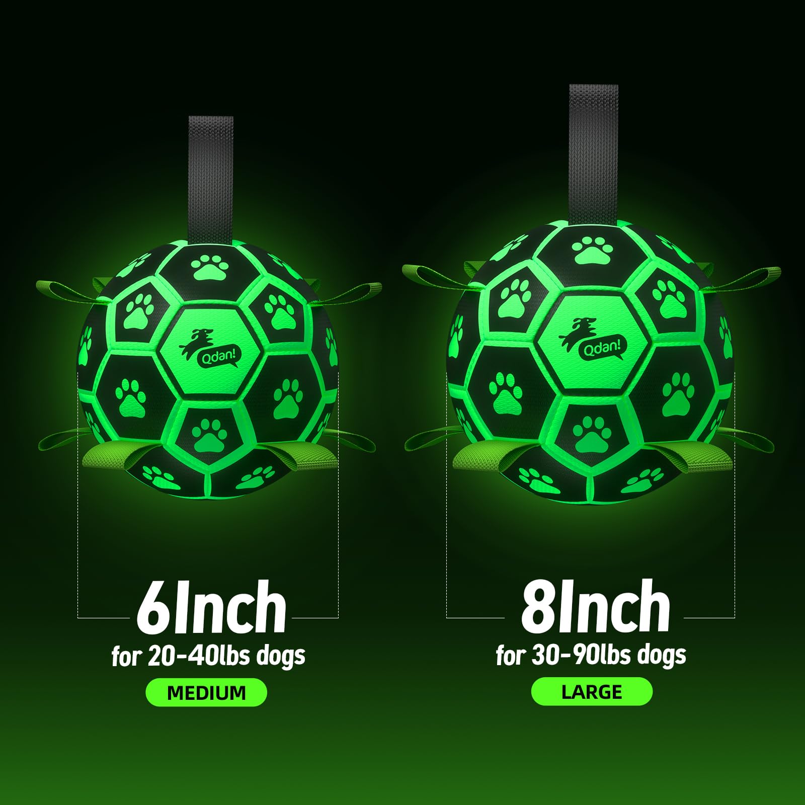 QDAN Glow in The Dark Dog Toys Soccer Ball with Straps, Outdoor Interactive Dog Toys Puppy Birthday Gifts, Dog Tug Water Toy, Light Up Dog Balls for Small & Medium Dogs（6 Inch Size 2）