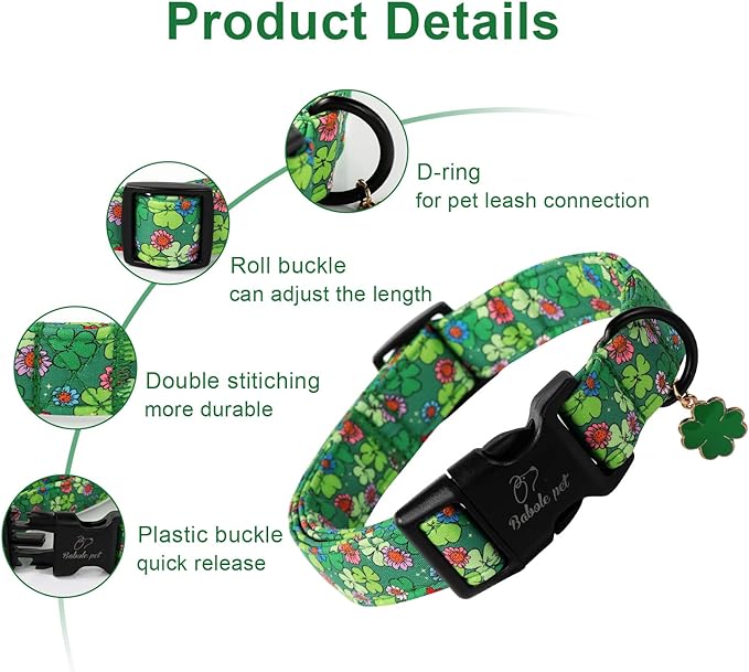 Babole Pet St Patricks Day Dog Collar for Small Dogs - Lucky Flower Shamrock Green Dog Collars, Cute Irish Clover Puppy Collar with Quick Release Buckle for Girls&Boys Dogs S