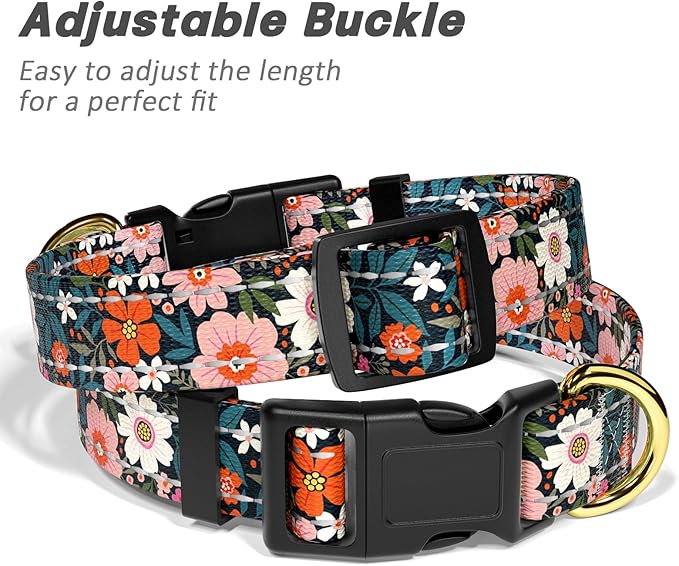 TMOODEL Reflective Dog Collar for Large Dogs, Cute Flower Theme Adjustable Heavy-Duty Nylon Puppy Collar for Boy and Girl Female, Soft Pet Accessories with Quick Release Buckle, Elegant Floral
