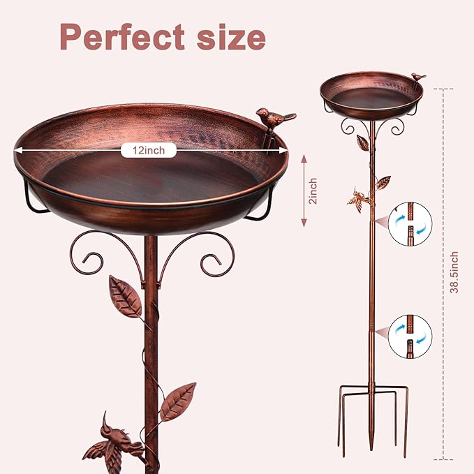 GRECOMEIN 12 Inch Metal Bird Bath for Outside（Bronze）