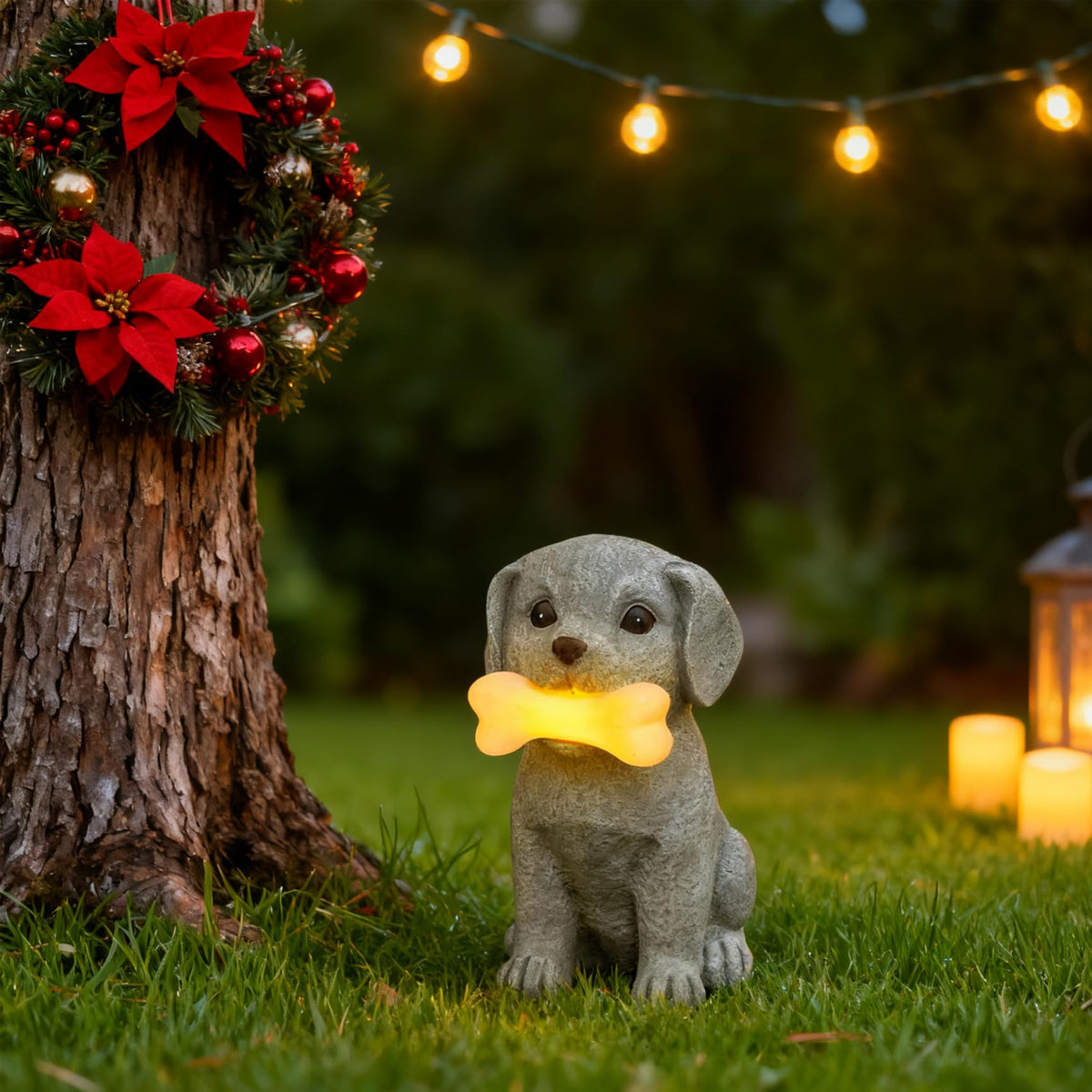 zuzuzen Solar Dog Statue with Glowing Bone Light, Outddor Decor Light Gifts