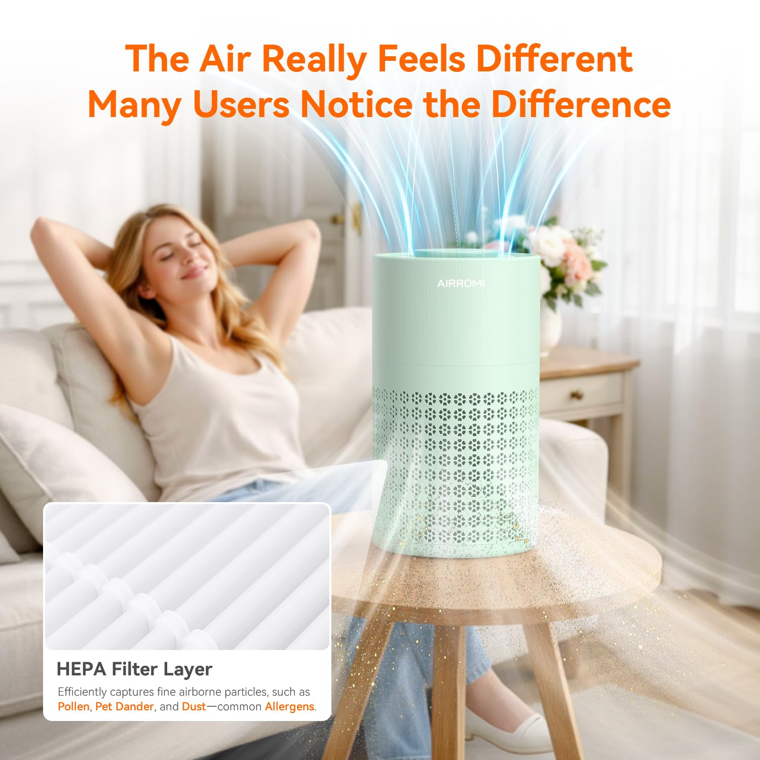 AIRROMI Air Purifier for Bedroom with HEPA 3-in-1 Filter, Pet Air Purifier for Home Cat Pee Smell, Covers Upto 990 Ft², Quiet 360°intake Air Cleaner for pet hair,allergies,Dust,Smoke A2001 Green