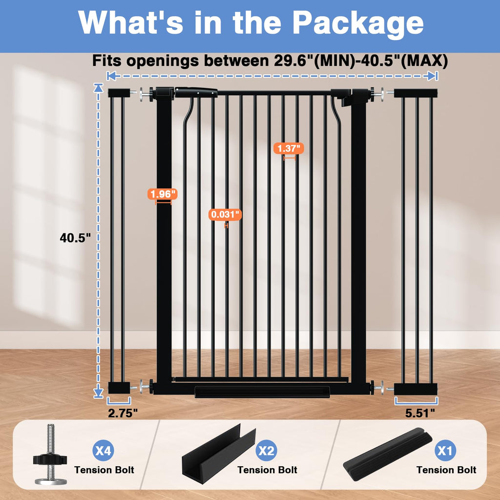 flower frail 40.5" Extra Tall Baby Gate for Stairs, 29.5"-40.5" Extra Wide Dog Gate Indoor for The House, Auto Close Pressure Mounted Safety Child Toddler Gate, Pet Gate for Doorways Kitchen, Black