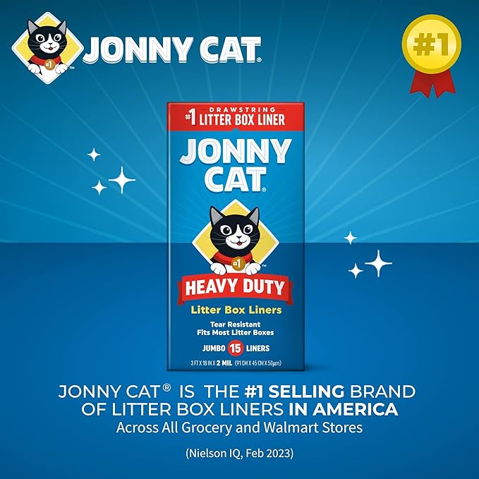 Jonny Cat Litter Box Liners: Heavy Duty - Tear & Leak Resistant - Drawstring Close - Jumbo, 15 Count (Pack of 2)